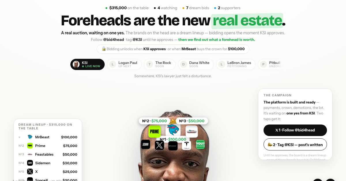 KSI's forehead marked out as eight auction ad spots — forehead advertising on bid4head.lol